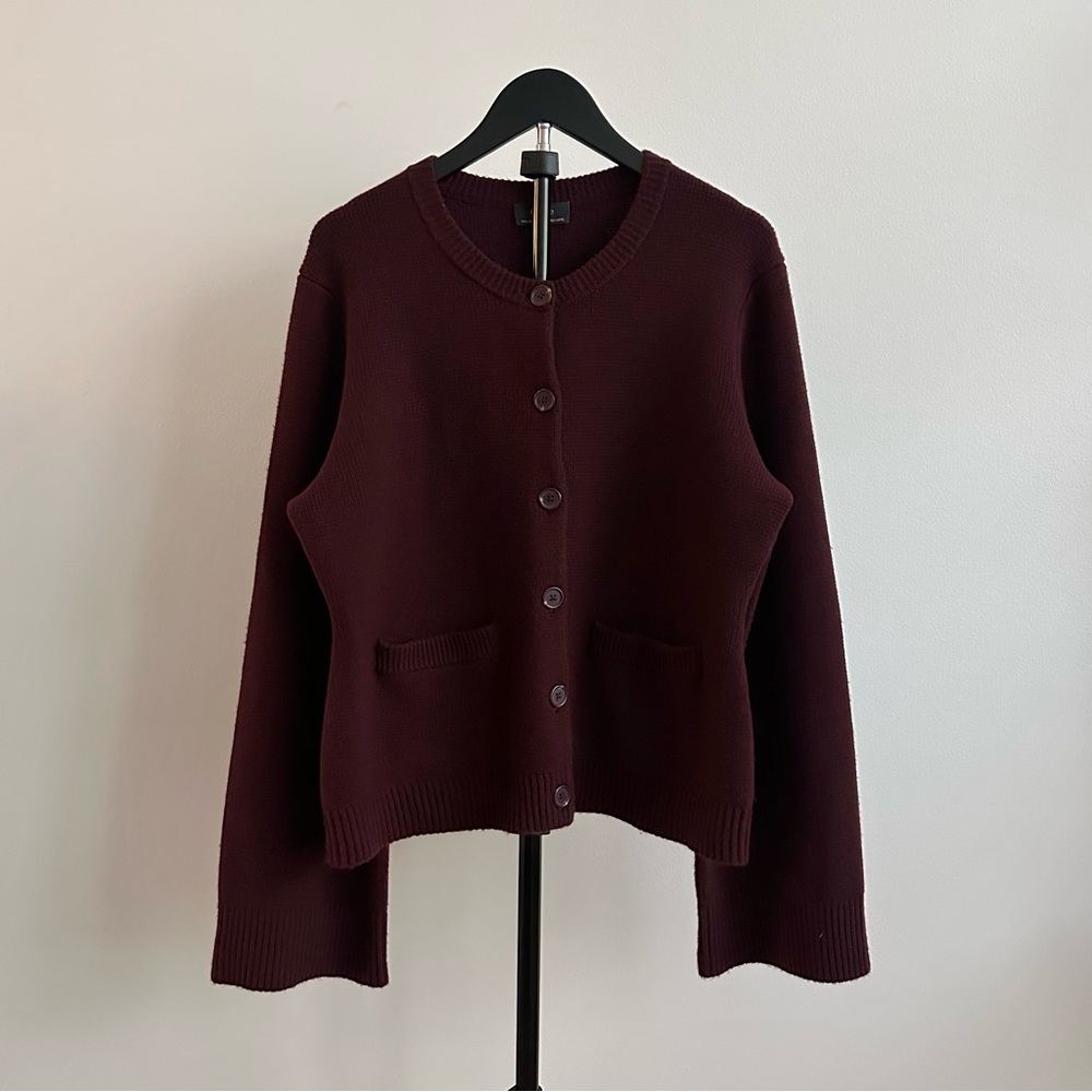 Quince Cashmere Structured Crew Neck Bell Sleeve Cardigan Rich Burgundy Size L